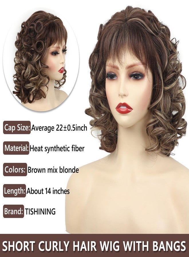 TISHINING Short Brown Curly Wig with Bangs Wigs for Women Brown Mixed Blonde Highlights Curly Shaggy Synthetic Full Wig Natural Looking Daily Paty Wig - Image 4