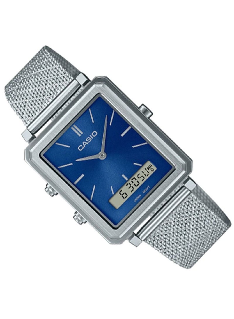 Casio Men Watch Analog Digital Blue Dial Stainless Steel Mesh Band MTP-B205M-2EDF - Image 3