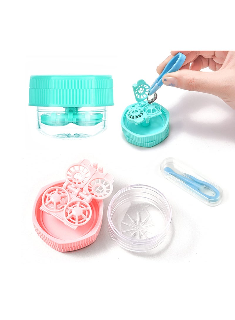 Cartoon Contact Lens Case 2 Pack Portable Travel Storage Box with Cleaning Tools and Tweezers Pink Green - Image 1