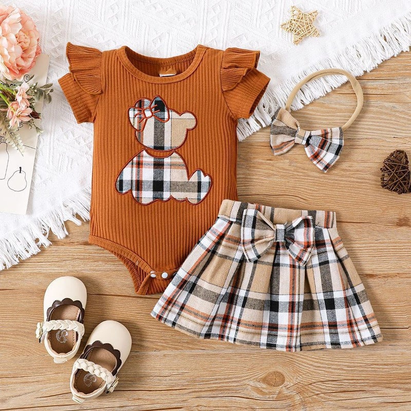 Cross-border INS newborn baby bag fart triangle khayi baby girl plaid skirt summer bear two-piece suit Caramel color 