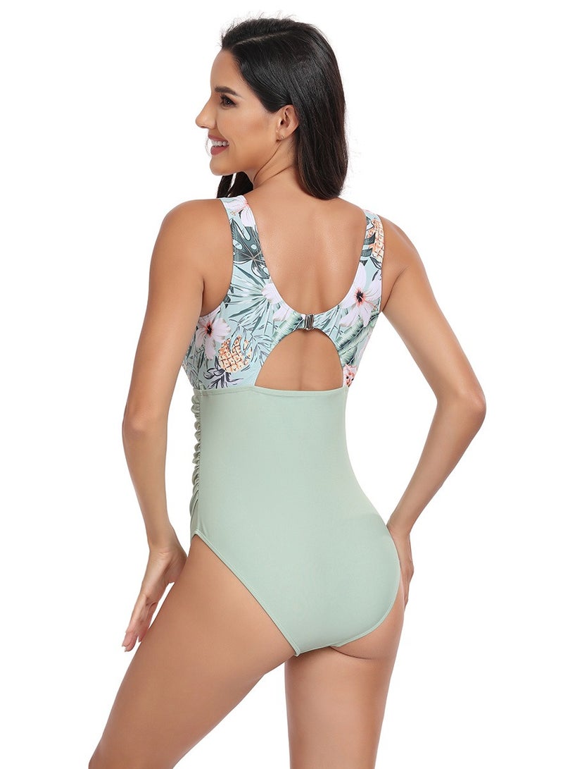 Women's Floral Printed One Piece Swimsuit Lace Stitching  Bathing Suits Pale Green Mix - Image 3