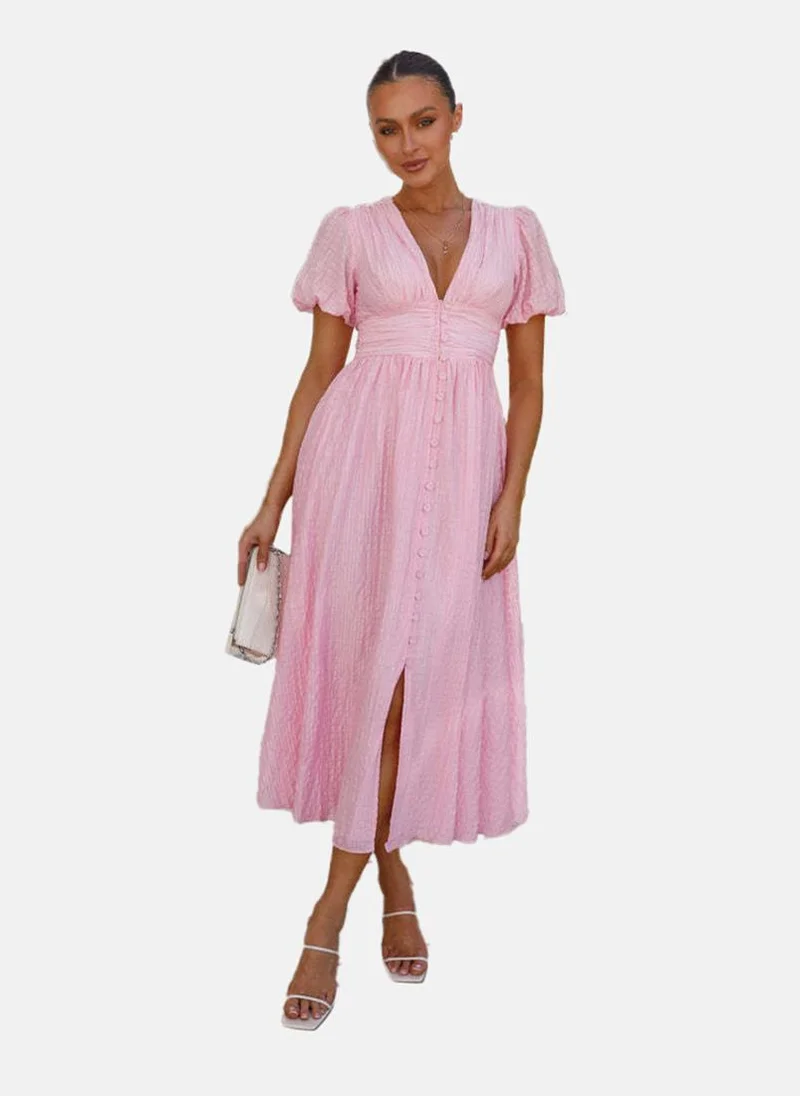 يونيكي Pink Fit & Flare V Neck Solid Dress