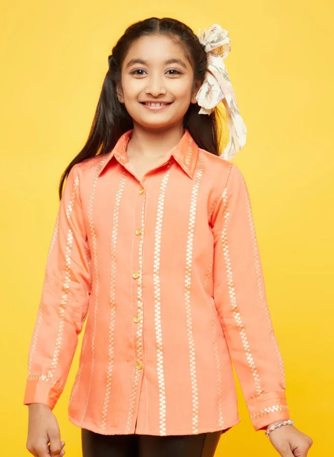 أيه كيه إس Peach Striped Silk Casual Shirt for Girls