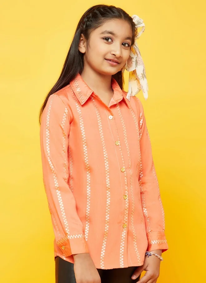 AKS Peach Striped Silk Casual Shirt for Girls