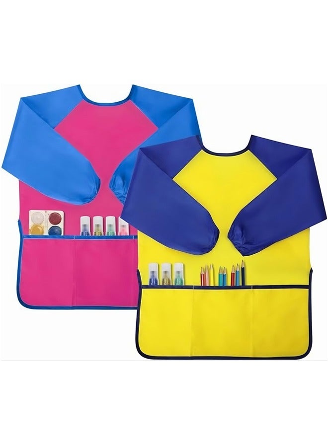 مريلة طلاء للأطفال، حزمة من 2 قطعة، مريلة فنية مقاومة للماء للأطفال الصغار، مريلة فنية للأطفال من عمر 2 إلى 8 سنوات بأكمام طويلة و3 جيوب - Image 1