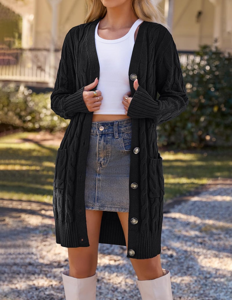 MEROKEETY Women's 2025 Long Sleeve Cardigan Sweater Fall Winter Cable Knit Open Front Button Long Outerwear, Black, M - Image 4