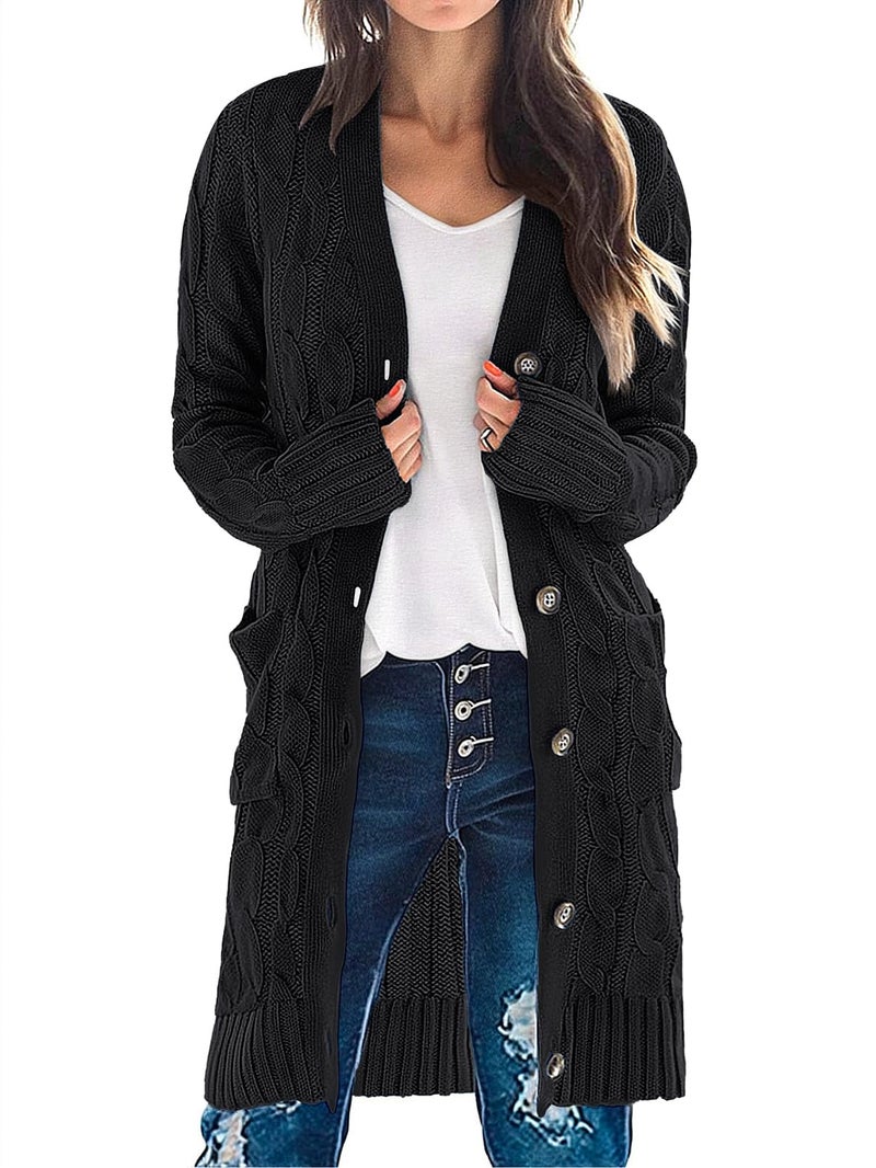 MEROKEETY Women's 2025 Long Sleeve Cardigan Sweater Fall Winter Cable Knit Open Front Button Long Outerwear, Black, M - Image 1