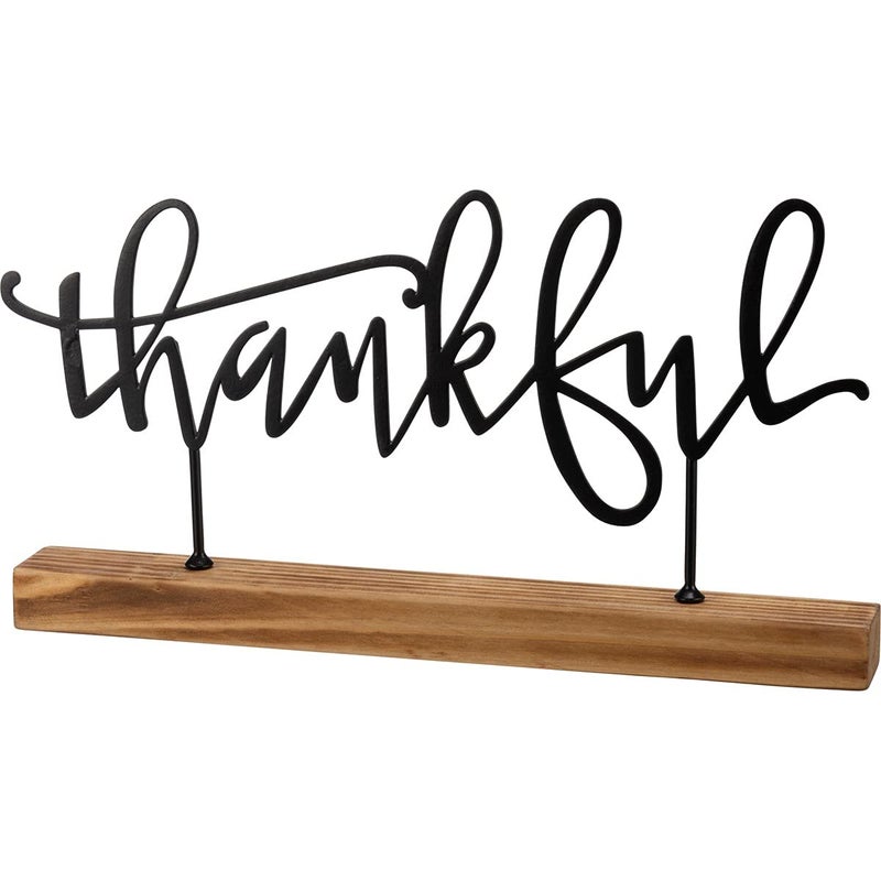 Primitives by Kathy Decorative Sitter from our Fall Harvest Collection featuring a metal sign boasting an inspirational word standing on a natural wood base Hand lettered Thankful sentiment is perfect for everyday and seasonal use - Image 2