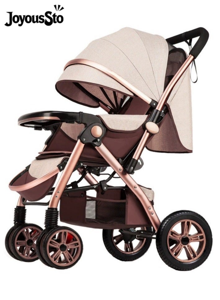 متجر الفرح ثنائية الاتجاه دفع عربة طفل محمولة ، عربة طفل مع ارتفاع مجال الرؤية المزدوجة دفع خزان ، يمكن الجلوس والاستلقاء ، خفيفة الوزن ، قابلة للطي ، أربع عجلات من المطاط ، امتصاص الصدمات قوية ، مساحة كبيرة ، مع سلة تخزين ، صينية ، حامل الكأس ، ودائمة ، مناسبة للأطفال الذين تتراوح أعمارهم بين 0-3 عربة السفر - Image 1