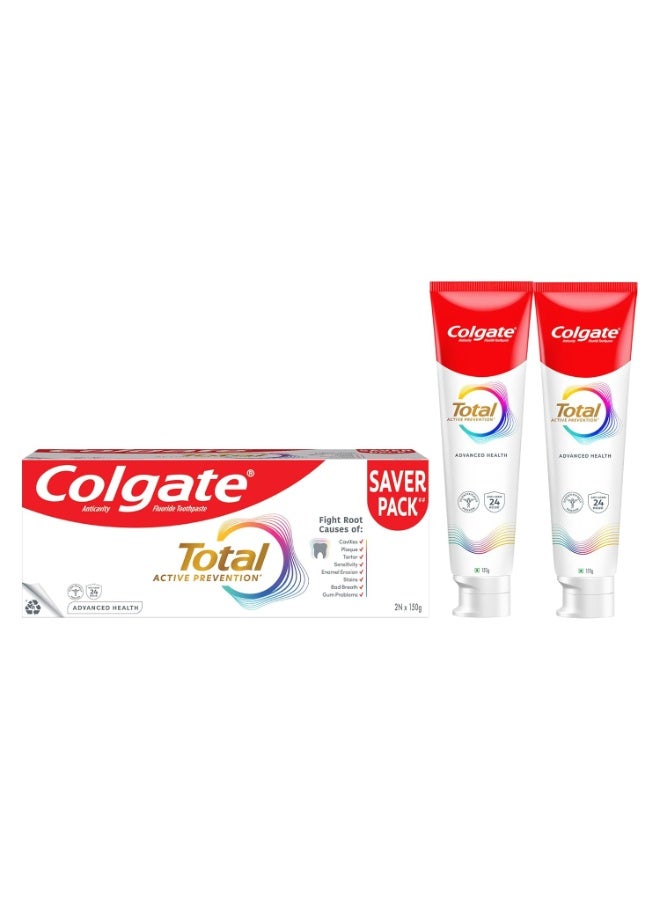 كولجيت معجون أسنان كولجيت توتال 300 جم (2 × 150 جم) معجون أسنان صحي متطور مضاد للجراثيم، معجون أسنان مع حماية ضد الجراثيم لمدة 12 ساعة، صحة الفم بالكامل (عرض حزمة كومبو) - Image 3
