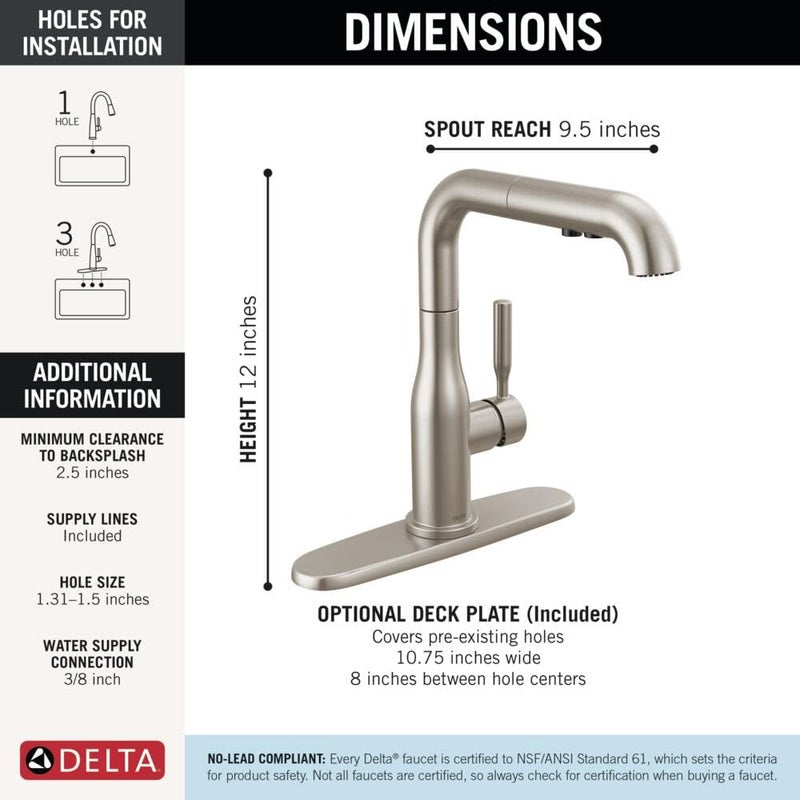 Delta Almari Brushed Nickel Kitchen Faucet with Pull-Out Sprayer, Modern Single Hole Kitchen Sink, Single Handle, Stainless 16943-SS-DST - Image 4