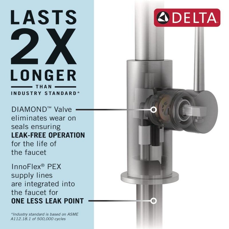 Delta Almari Brushed Nickel Kitchen Faucet with Pull-Out Sprayer, Modern Single Hole Kitchen Sink, Single Handle, Stainless 16943-SS-DST - Image 3