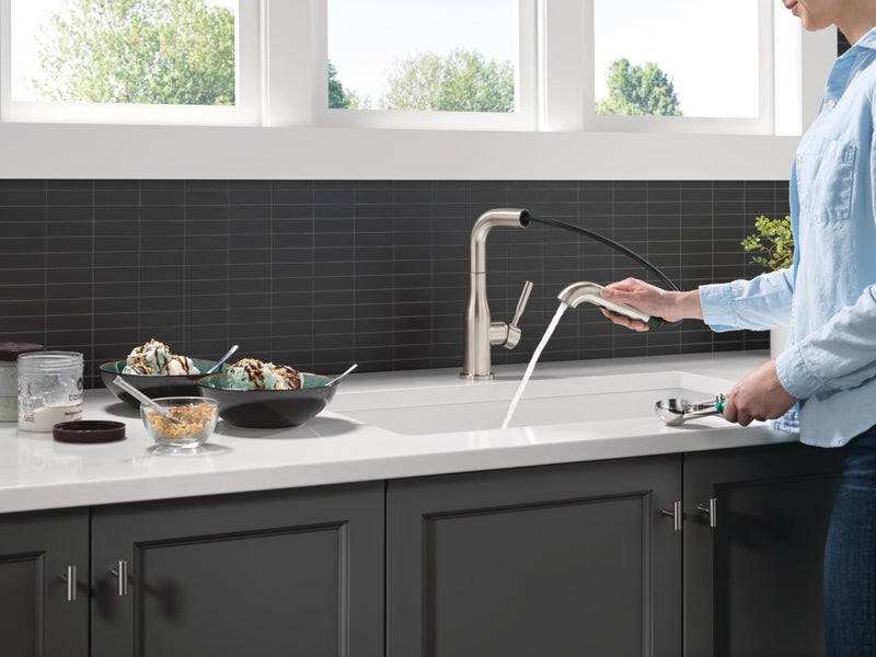 Delta Almari Brushed Nickel Kitchen Faucet with Pull-Out Sprayer, Modern Single Hole Kitchen Sink, Single Handle, Stainless 16943-SS-DST - Image 2