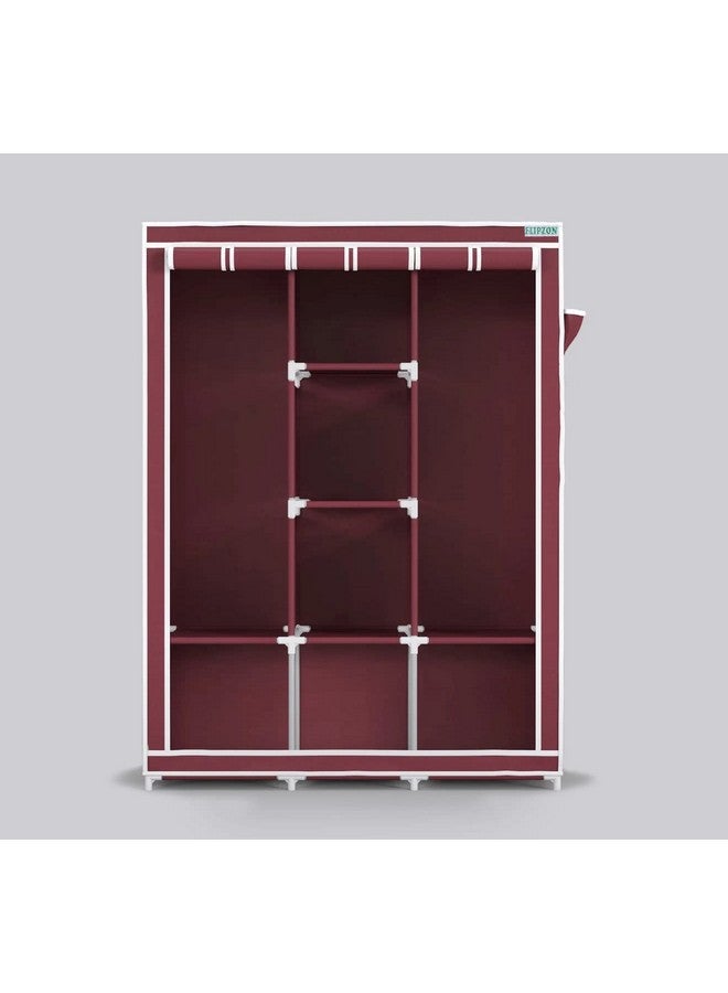 Flipzon 6 + 2 Shelves 3 Door Fancy Collapsible Wardrobe For Clothes Racks With Zip Door Cover & Side Pockets, Foldable Diy(Do-It-Yourself), Maroon - Metal Pipes, Pp Connector, Non-Wooven Fabric - Image 4