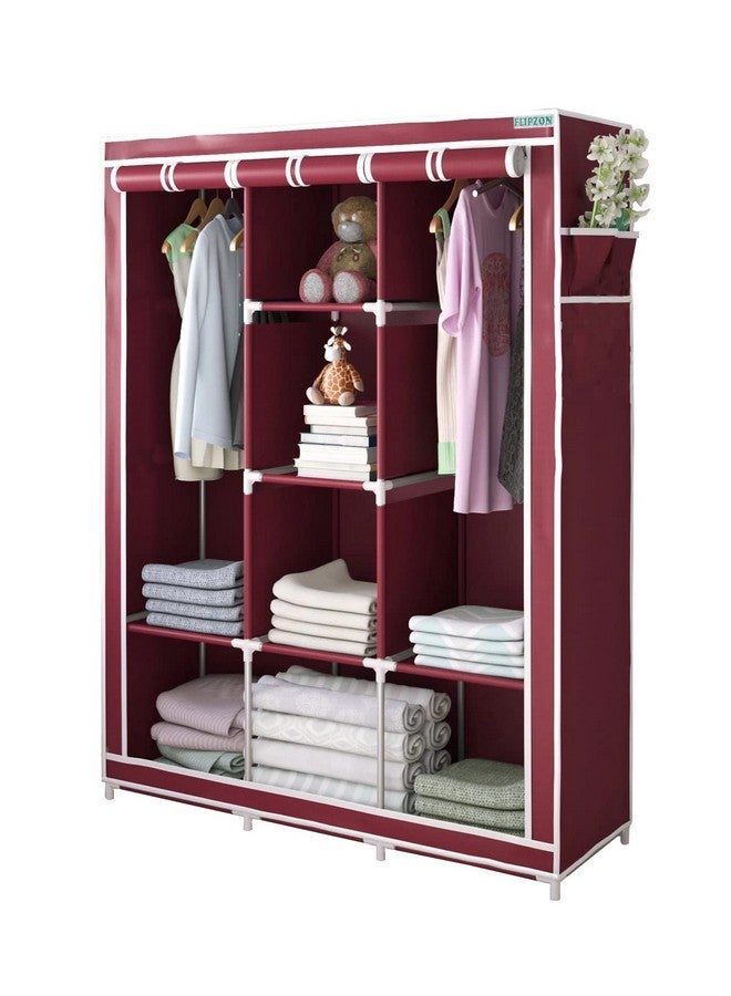 Flipzon 6 + 2 Shelves 3 Door Fancy Collapsible Wardrobe For Clothes Racks With Zip Door Cover & Side Pockets, Foldable Diy(Do-It-Yourself), Maroon - Metal Pipes, Pp Connector, Non-Wooven Fabric - Image 1