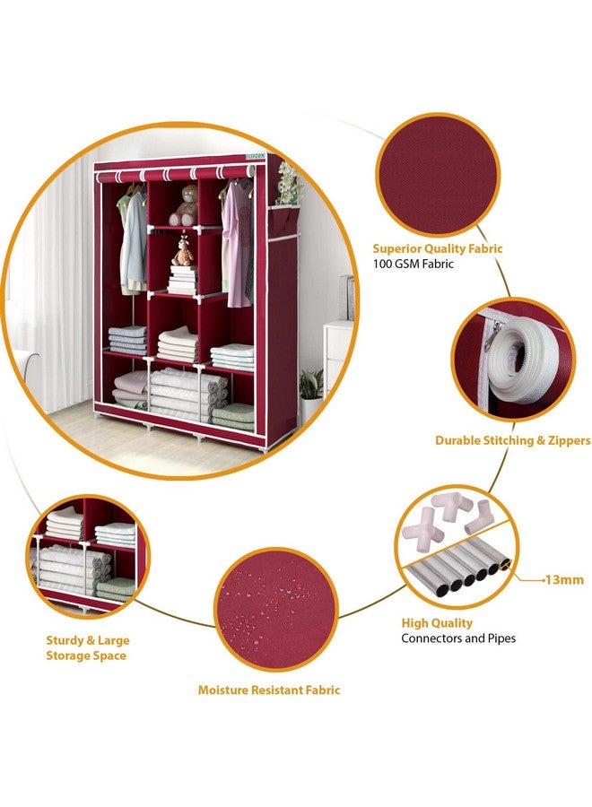 Flipzon 6 + 2 Shelves 3 Door Fancy Collapsible Wardrobe For Clothes Racks With Zip Door Cover & Side Pockets, Foldable Diy(Do-It-Yourself), Maroon - Metal Pipes, Pp Connector, Non-Wooven Fabric - Image 3