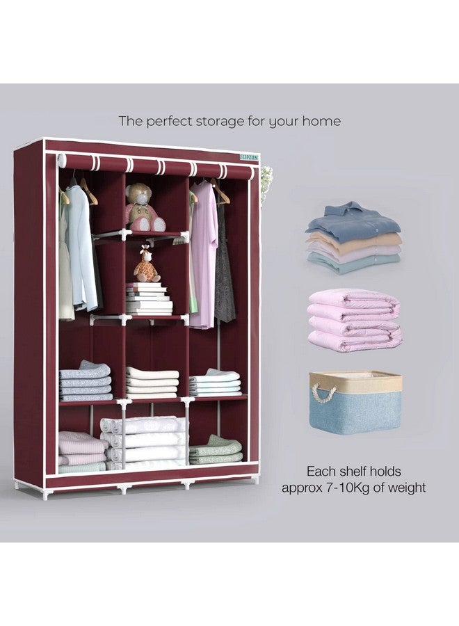 Flipzon 6 + 2 Shelves 3 Door Fancy Collapsible Wardrobe For Clothes Racks With Zip Door Cover & Side Pockets, Foldable Diy(Do-It-Yourself), Maroon - Metal Pipes, Pp Connector, Non-Wooven Fabric - Image 2