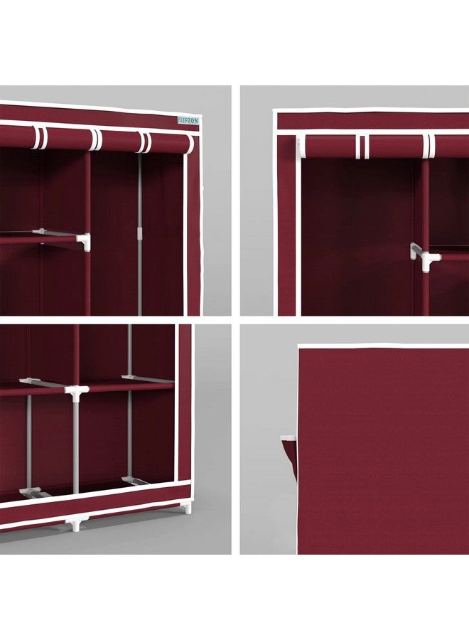 Flipzon 6 + 2 Shelves 3 Door Fancy Collapsible Wardrobe For Clothes Racks With Zip Door Cover & Side Pockets, Foldable Diy(Do-It-Yourself), Maroon - Metal Pipes, Pp Connector, Non-Wooven Fabric - Image 5