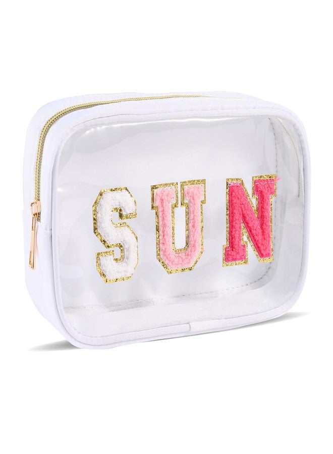 Dealkion Sun Makeup Bag Summer Sunscreen Clear PVC Cosmetic Letter Pouch bag Beach Pool Swimming Travel Toiletry Pouch Preppy Makeup Bag Storage Organizer Purse for Women Girls Gifts - Image 1