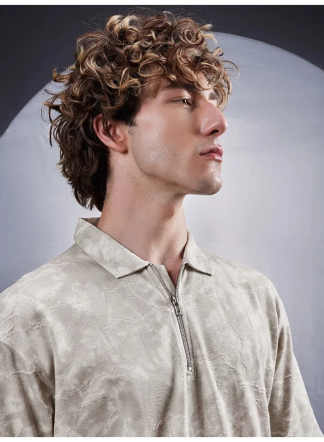 Maniac Maniac Mens Textured Polo Neck Half Sleeve Half Zipper Grey Cotton T-Shirt