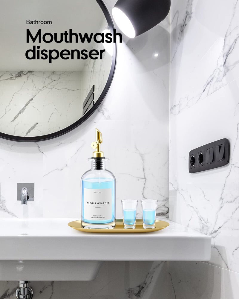 Moryimi Mouthwash Dispenser, 16oz Glass Mouthwash Decanter for Bathroom, Mouth Wash Container Mouthwash Bottle with Pour Spout, Reusable Mouthwash Dispenser Set with Cups and Gold Tray - Image 2