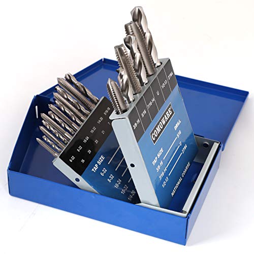 COMOWARE Drill and Tap Sets, HSS Jobber Length Drill Bits with Metal Indexed Case | 18-Piece, 6-32 to 1/2"-13 Tap Sizes - Image 1