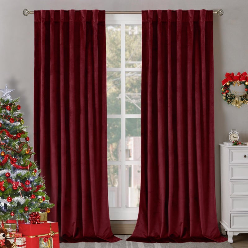 BGment Christmas Red Velvet Curtains 96 Inches for Living Room Thermal Room Darkening Curtains Sound Reduce Drapes with Back Tab and Rod Pocket for French Door 2 Panels 52 x 96 Inch