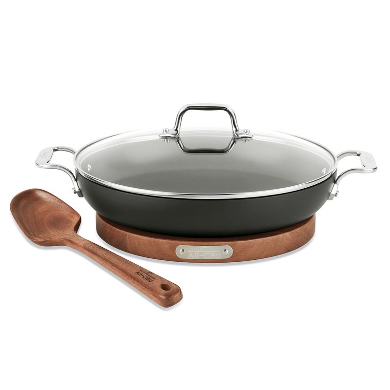 All-Clad AllClad HA1 Hard Anodized Nonstick Universal Pan with Acacia Trivet and Spoon 4 Piece 3 Quart Induction Oven Broiler Safe 500F Lid Safe 350F Pots and Pans Cookware Black 