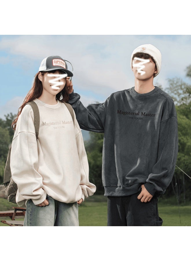 Homlean American-style Suede Versatile Crew Neck Sweatshirt, Heavyweight High Street Trendy Brand, Couple Casual Top Hl52 Beige Gray 3XL - Image 3