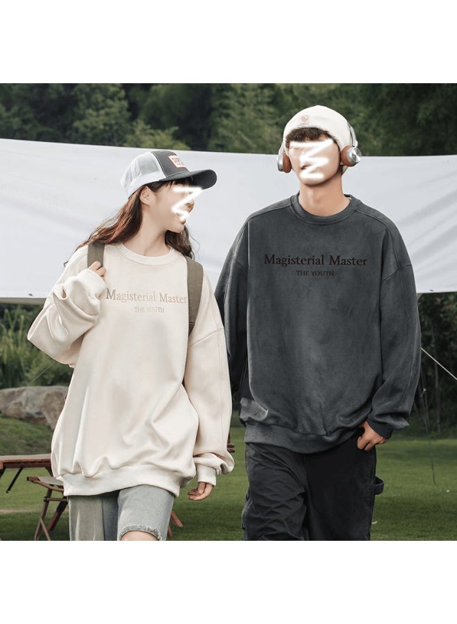 Homlean American-style Suede Versatile Crew Neck Sweatshirt, Heavyweight High Street Trendy Brand, Couple Casual Top Hl52 Beige Gray 3XL - Image 2