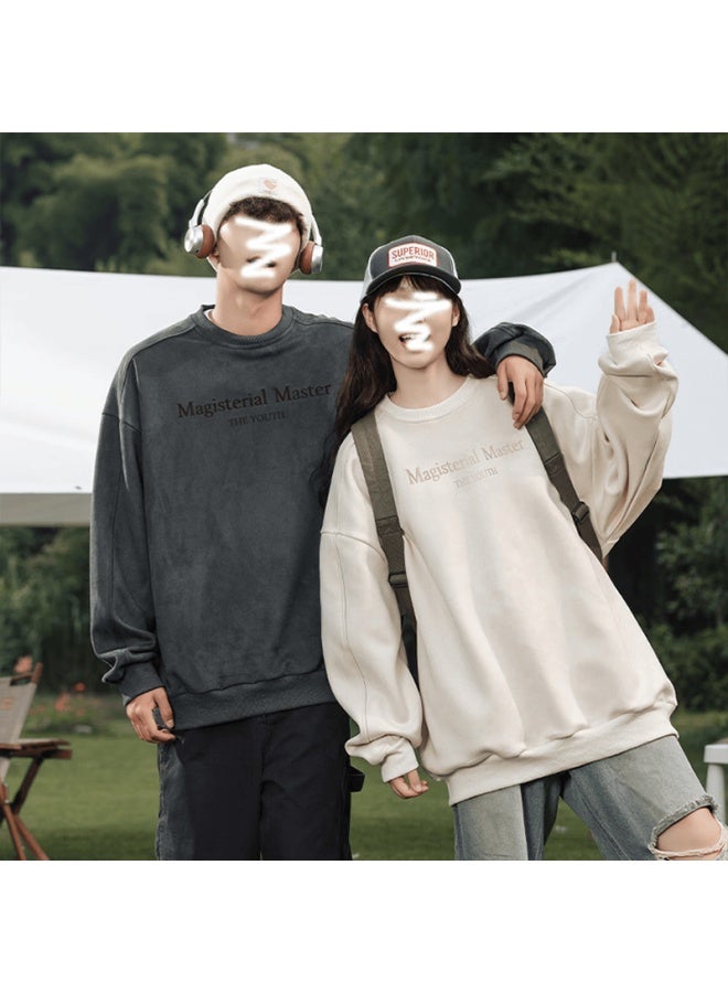 Homlean American-style Suede Versatile Crew Neck Sweatshirt, Heavyweight High Street Trendy Brand, Couple Casual Top Hl52 Beige Gray 3XL - Image 1