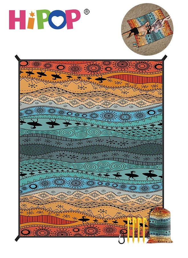 HIPOP 180 × 220cm Beach Blanket, Sandproof Waterproof Oversized Beach Mat for 2-4 Adults, Portable Picnic Mat with 4 Stakes and Corner Pockets, Foldable and Lightweight Camping Blanket for Beach Park Travel  - Image 1