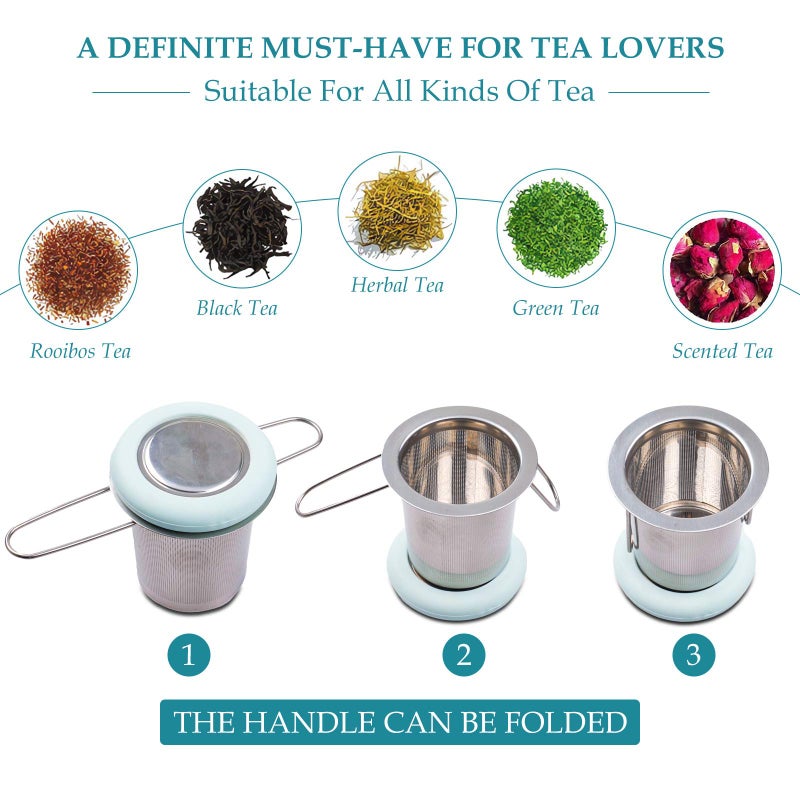 Fenshine Tea Infuser Stainless Steel Tea Strainer Folding Handle Tea Filter Extra Fine Mesh Strainer Brewing Basket with Lid for Loose Leaf Tea (Light Blue) â€¦ - Image 5