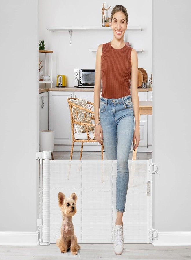 Bingguz Short Dog Gate 0"-39" Wide Narrow Baby Gate 24” Tall Retractable Baby Gate to Step Over Short Gate for Stairs Low Pet Gate Indoor Mesh Doggie Gates Puppy Gate for Doorway, White - Image 1