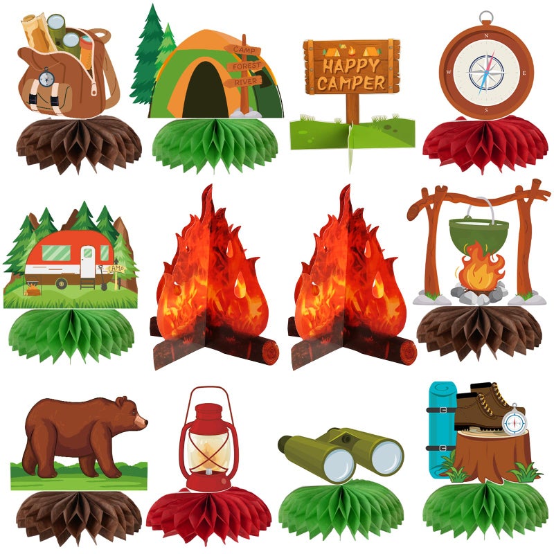Kockuu Camping Party Decoration  12 Pcs Happy Camper Honeycomb Centerpieces Table Decor Adventure Cake Topper For Birthday Shower Campfire Adventure Club Anniversary Party Supplies - Image 1