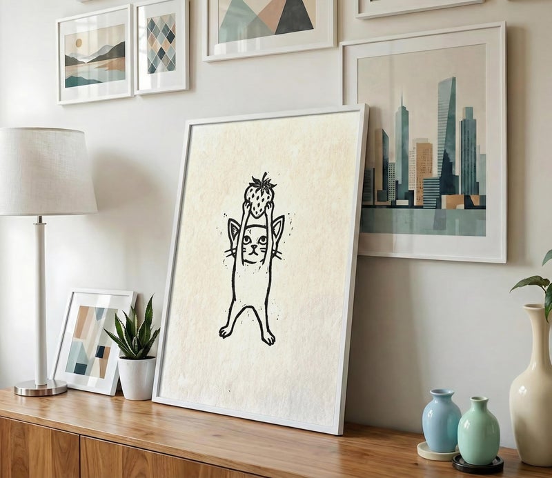 TNESSENTIAL Cat Strawberry Print – Black And White Wall Art, Linocut Feline Poster, Funny Cat Decor, Cottagecore Animal Art, Cat Lover Gift - Image 5