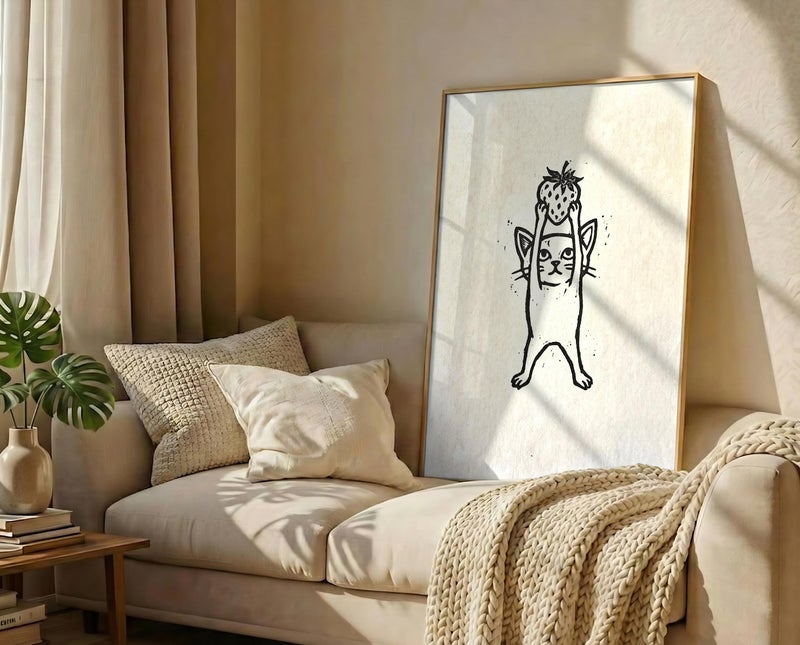 TNESSENTIAL Cat Strawberry Print – Black And White Wall Art, Linocut Feline Poster, Funny Cat Decor, Cottagecore Animal Art, Cat Lover Gift - Image 3