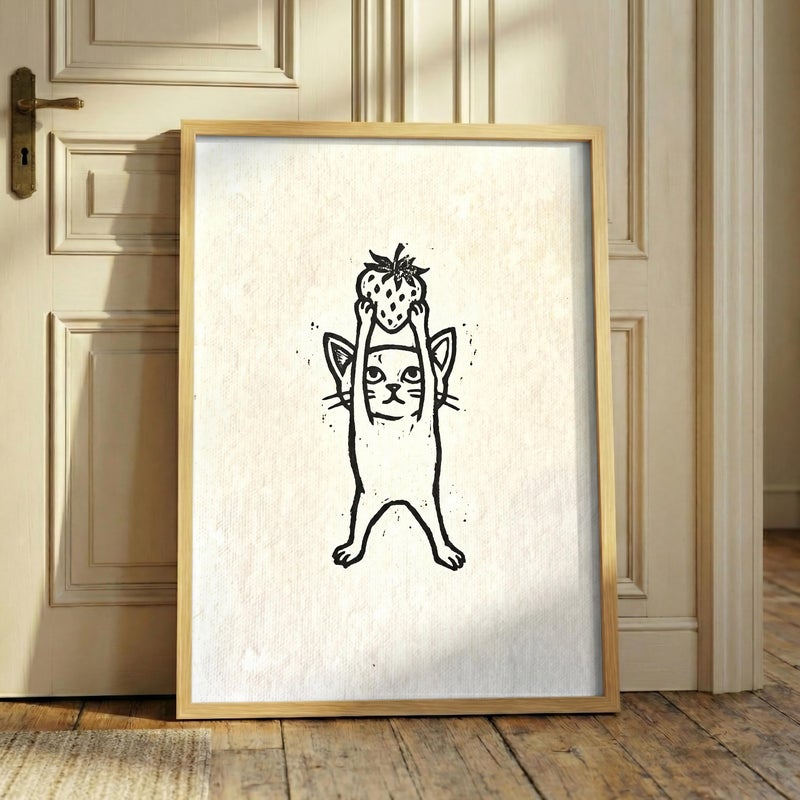 TNESSENTIAL Cat Strawberry Print – Black And White Wall Art, Linocut Feline Poster, Funny Cat Decor, Cottagecore Animal Art, Cat Lover Gift - Image 1
