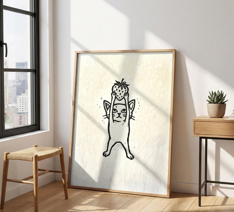 TNESSENTIAL Cat Strawberry Print – Black And White Wall Art, Linocut Feline Poster, Funny Cat Decor, Cottagecore Animal Art, Cat Lover Gift - Image 4