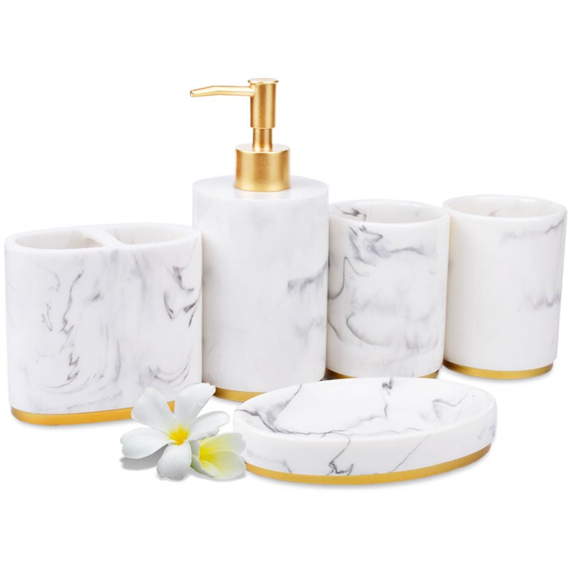 5Piece Bathroom Counter Top Accessory Set Dispenser for Liquid Soap or Lotion Soap Dish 2 Tumblers and Toothbrush Holder Marble Pattern Resin White
