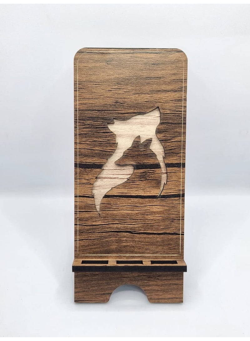 Kipfy Wooden Phone Stand with Wolf Cutout – Rustic Handcrafted Mobile Holder, Desk Display & Charging Dock  Mobile phone stand – suitable for watching videos, video calls, or hands-free use - Image 1
