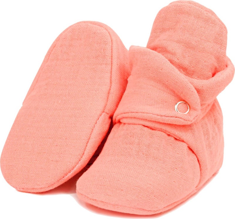 Ella Bonna Muslin Baby Booties, Organic Cotton, Newborn Slippers, Coral  - Image 1