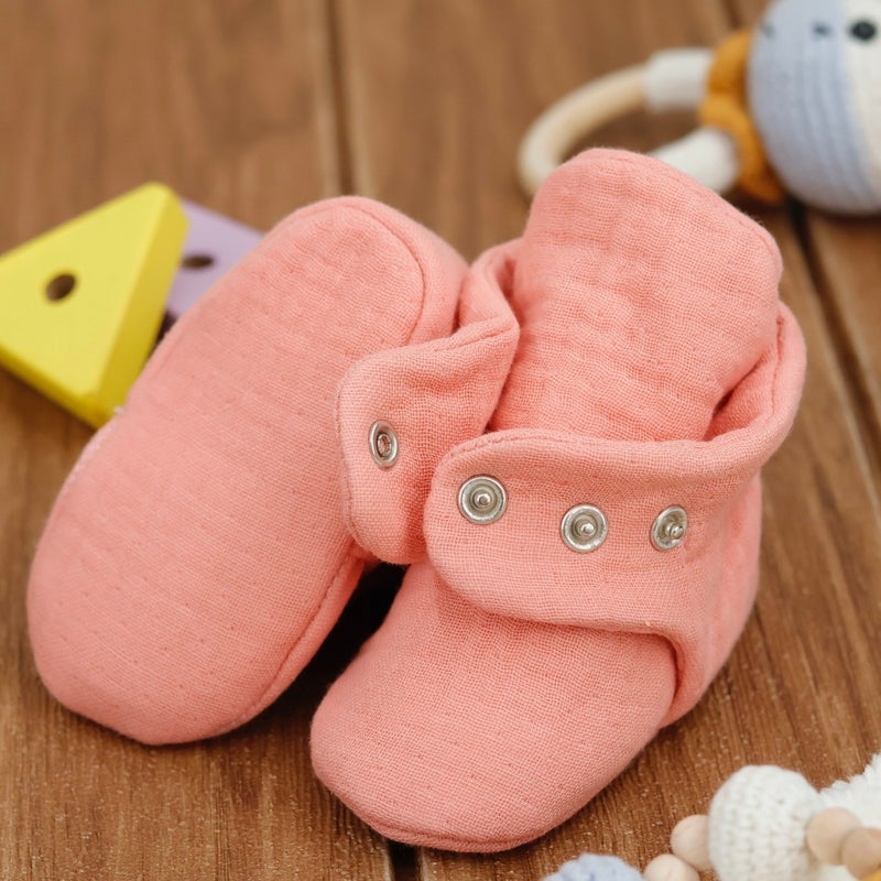 Ella Bonna Muslin Baby Booties, Organic Cotton, Newborn Slippers, Coral  - Image 3