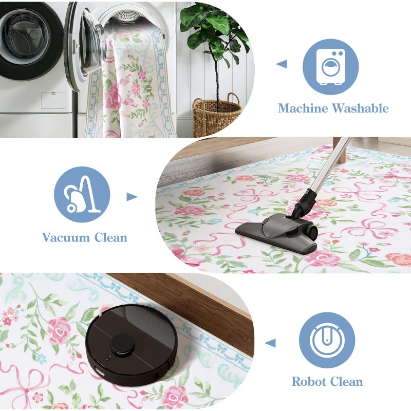 Collive Pink and Blue Floral Rugs for Girls, 5x7 Boho Bow Washable Area Rug for Living Room, Cute Ultra-Thin Non Slip Indoor Decor Carpet for Nursery Kids Room Bedroom Playroom - Image 5