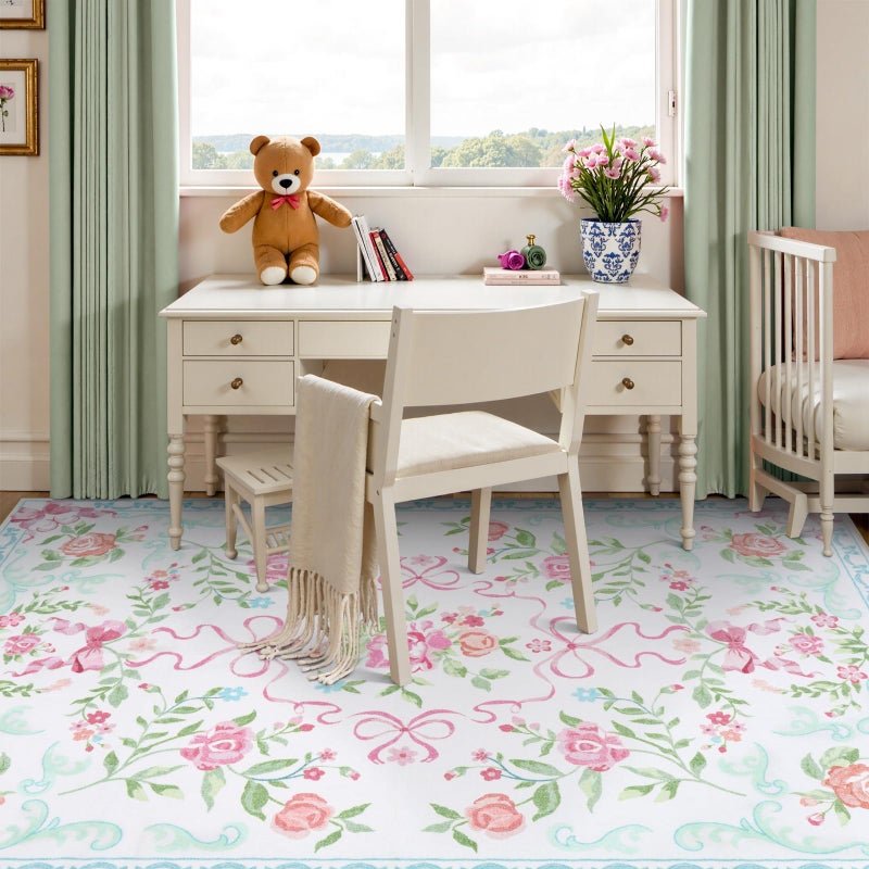 Collive Pink and Blue Floral Rugs for Girls, 5x7 Boho Bow Washable Area Rug for Living Room, Cute Ultra-Thin Non Slip Indoor Decor Carpet for Nursery Kids Room Bedroom Playroom - Image 3