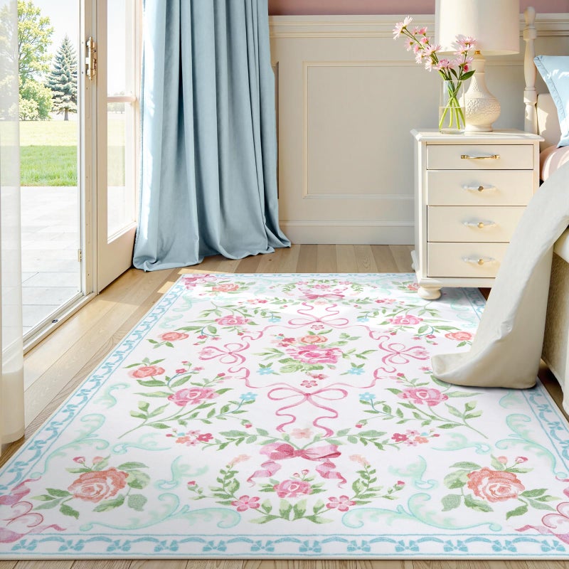 Collive Pink and Blue Floral Rugs for Girls, 5x7 Boho Bow Washable Area Rug for Living Room, Cute Ultra-Thin Non Slip Indoor Decor Carpet for Nursery Kids Room Bedroom Playroom - Image 2