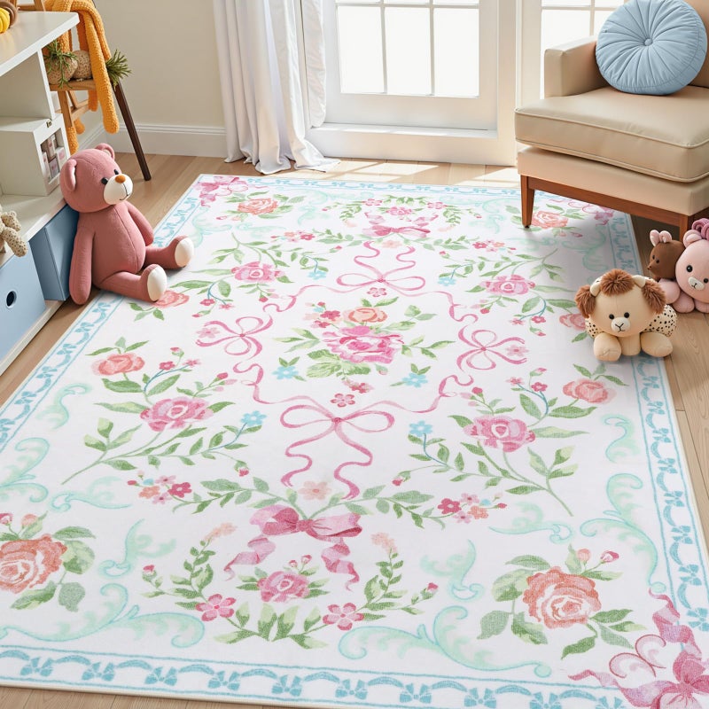 Collive Pink and Blue Floral Rugs for Girls, 5x7 Boho Bow Washable Area Rug for Living Room, Cute Ultra-Thin Non Slip Indoor Decor Carpet for Nursery Kids Room Bedroom Playroom - Image 1