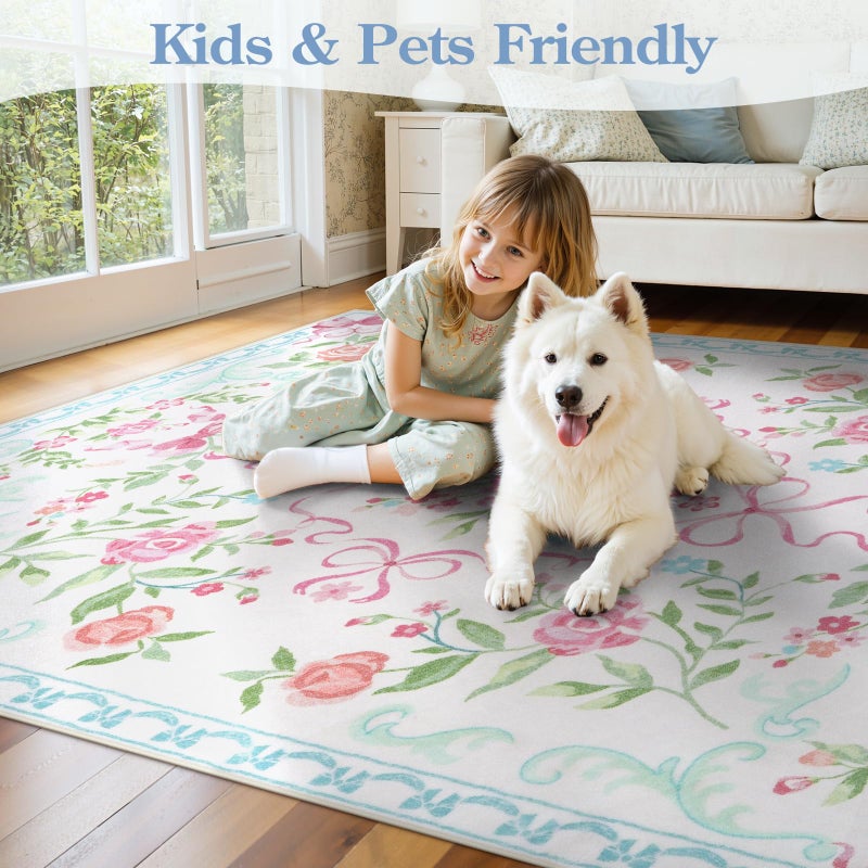 Collive Pink and Blue Floral Rugs for Girls, 5x7 Boho Bow Washable Area Rug for Living Room, Cute Ultra-Thin Non Slip Indoor Decor Carpet for Nursery Kids Room Bedroom Playroom - Image 4