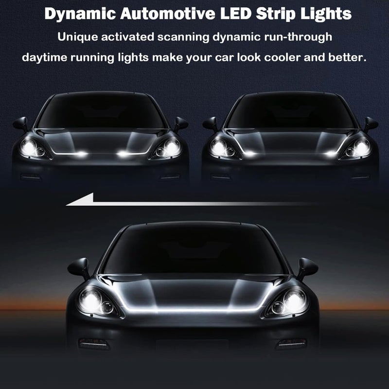 شريط إضاءة غطاء المحرك للسيارة، شريط إضاءة LED ديناميكي للسيارة، شريط إضاءة LED للسيارة بطول 70 بوصة، شريط إضاءة نهارية مرن خارجي للسيارات، الشاحنات، SUV (أبيض) - Image 5