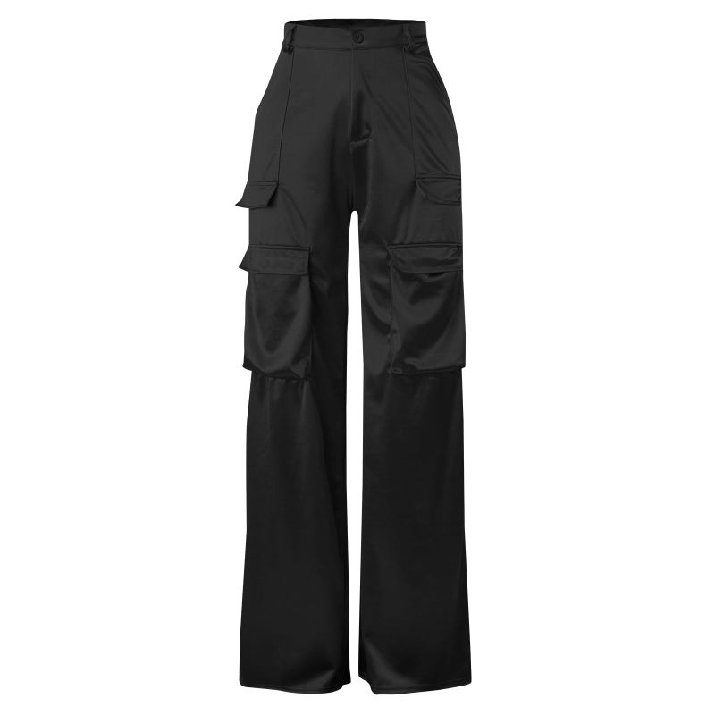 NRTHYE Women High Waisted Satin Cargo Pants Wide Leg Casual Pants Multi Pockets Straight Trousers - Image 5